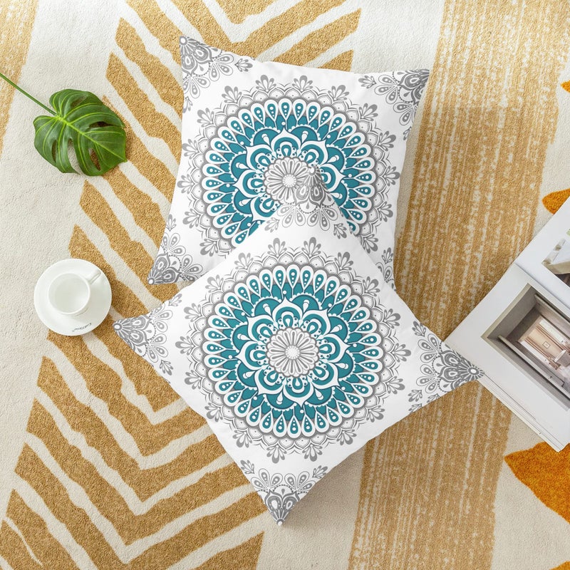 CaliTime Throw Pillow Covers Pack of 2 Cozy Fleece Mandala Dahlia Floral Medallion Compass Style Cushion Cases for Couch Bed Sofa Farmhouse Decoration 18 X 18 Inches Teal Grey - Image 5
